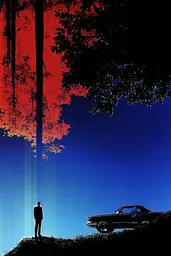 Midjourney generated image using SREF code Velvet Dusk: A man standing in front of a car in the woods.