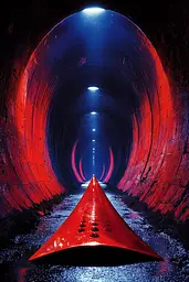 Midjourney generated image using SREF code Velvet Dusk: A red cone in the middle of a dark tunnel.