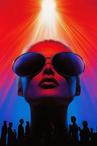 Midjourney generated image using SREF code Velvet Dusk: A poster of a woman wearing sunglasses in front of a crowd.