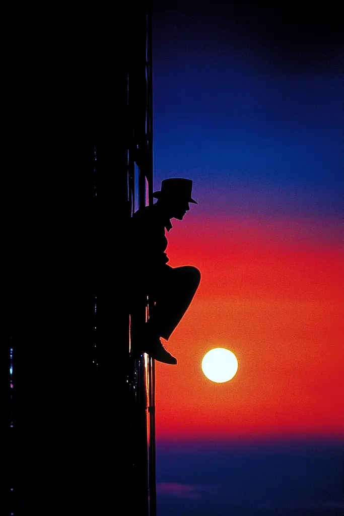 Midjourney generated image using SREF code Velvet Dusk: A silhouette of a man sitting on top of a building.