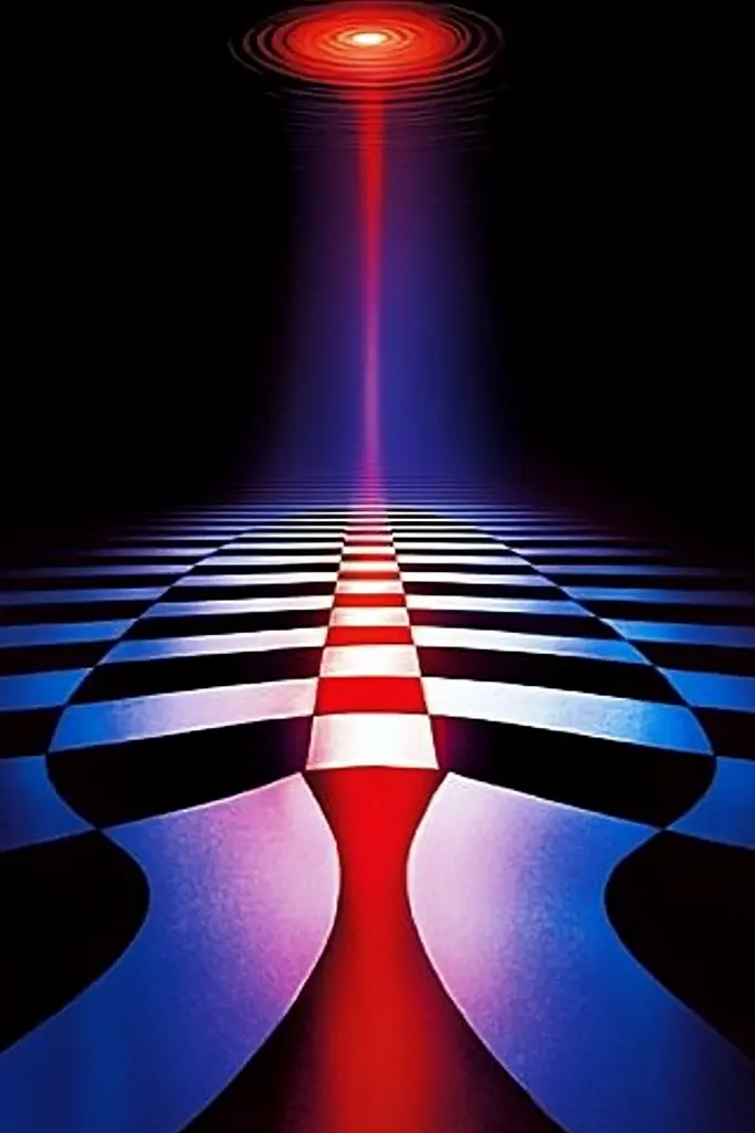 Midjourney generated image using SREF code Velvet Dusk: A black and white checkered floor with a red light coming out of it.