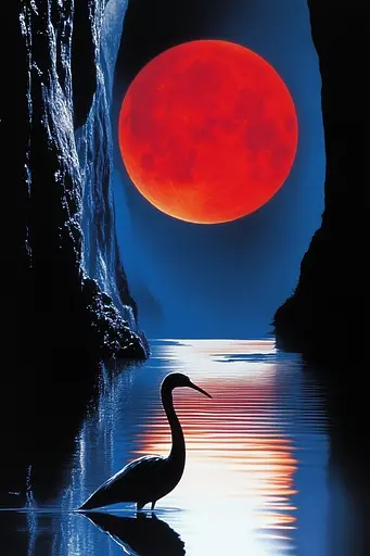 Midjourney generated image using SREF code Velvet Dusk: A bird standing in the water with a red moon in the background.