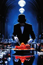 Midjourney generated image using SREF code Velvet Dusk: A man in a tuxedo preparing food on a table.