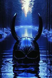 Midjourney generated image using SREF code Velvet Dusk: A viking helmet floating in a body of water.