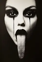 Midjourney generated image using SREF code Gloom Fabric: A black and white photo of a woman sticking out her tongue.