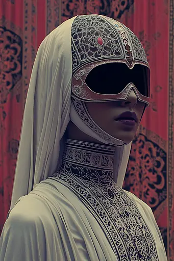 Midjourney generated image using SREF code Rosy Enigma: A woman wearing a white veil and a mask.