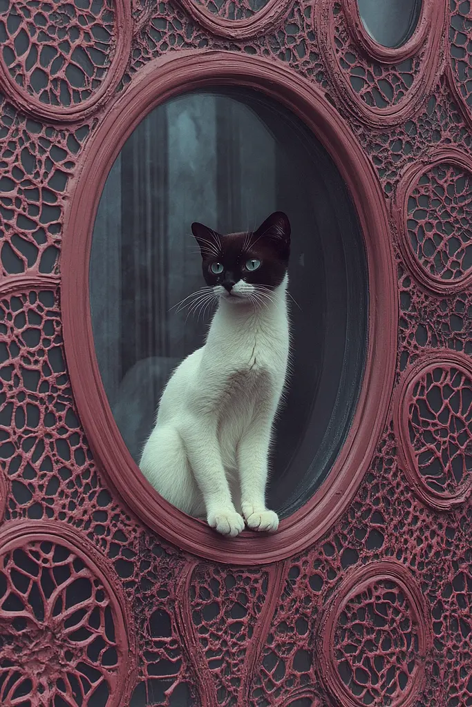 Midjourney generated image using SREF code Rosy Enigma: A black and white cat sitting in a round window.