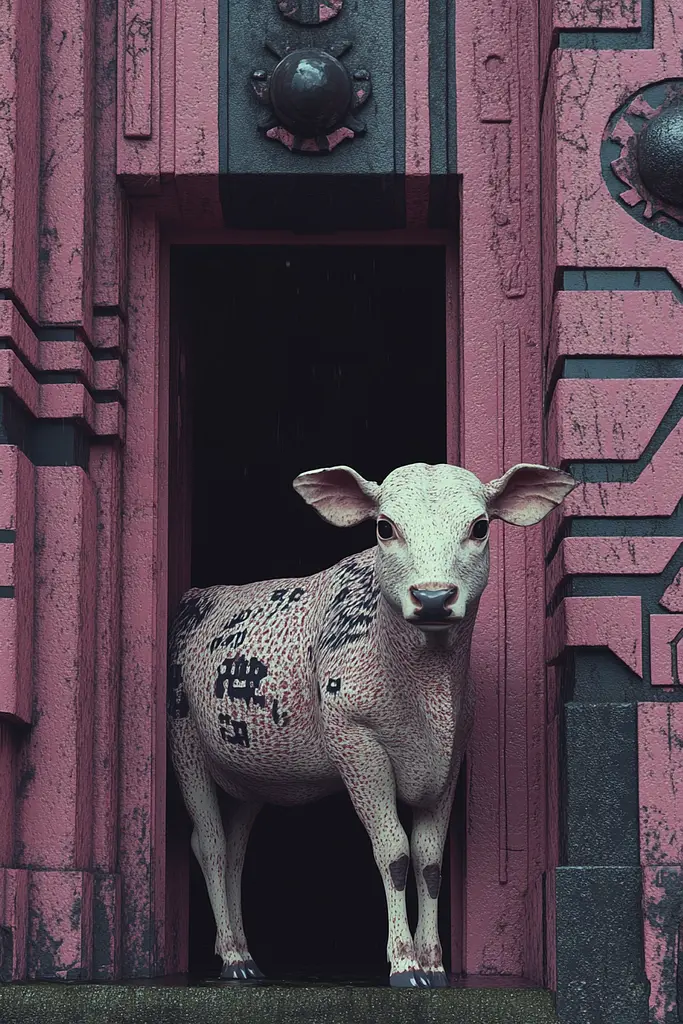 Midjourney generated image using SREF code Rosy Enigma: A cow standing in the doorway of a pink building.