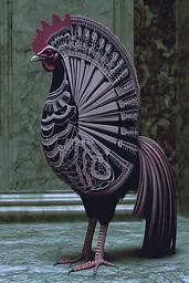 Midjourney generated image using SREF code Rosy Enigma: A rooster standing in front of a stone wall.