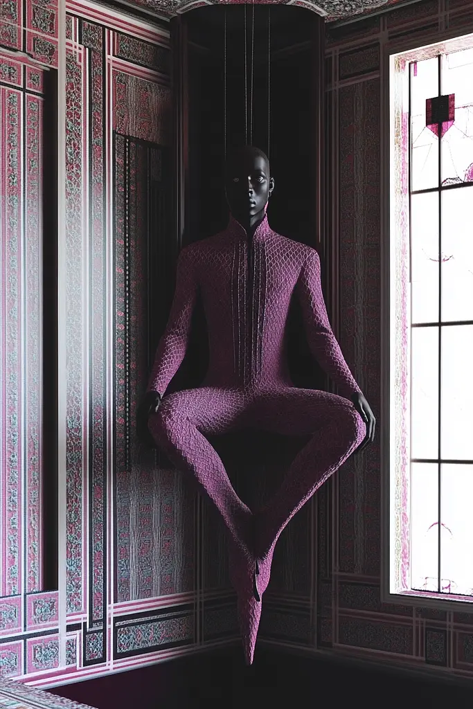 Midjourney generated image using SREF code Rosy Enigma: A man in a pink suit sitting on a window sill.