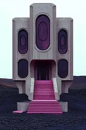 Midjourney generated image using SREF code Rosy Enigma: A pink staircase leads up to a building in the middle of a desert.