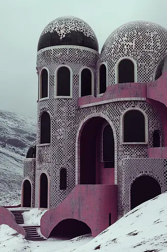 Midjourney generated image using SREF code Rosy Enigma: A pink building in the middle of a snowy mountain.