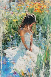 Midjourney generated image using SREF code Chroma Murmurs: A painting of a woman in a white dress sitting in a pond.
