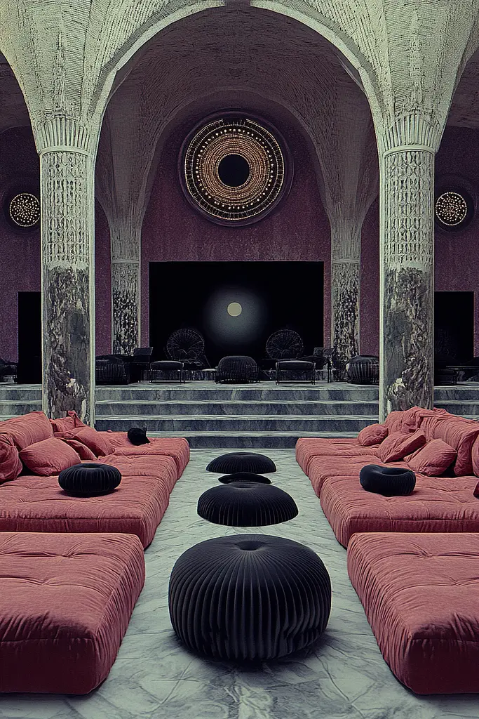 Midjourney generated image using SREF code Rosy Enigma: A large room filled with lots of red couches and pillows.