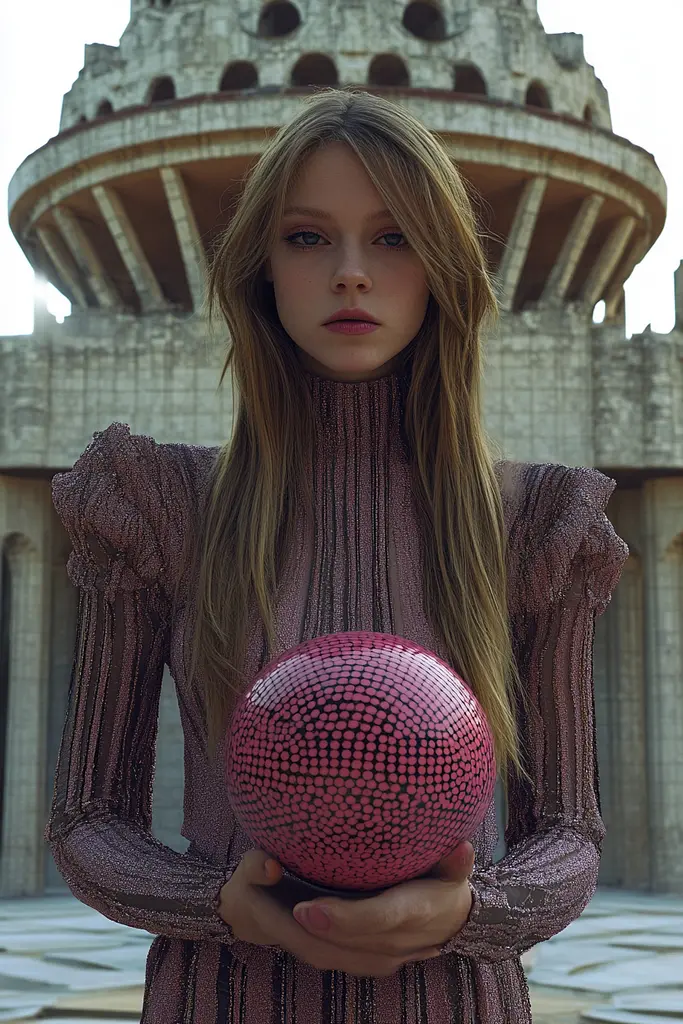 Midjourney generated image using SREF code Rosy Enigma: A woman holding a pink ball in front of a tower.