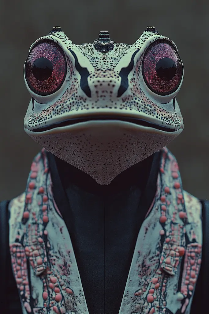 Midjourney generated image using SREF code Rosy Enigma: A close up of a frog wearing a suit and tie.