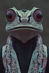 Midjourney generated image using SREF code Rosy Enigma: A close up of a frog wearing a suit and tie.