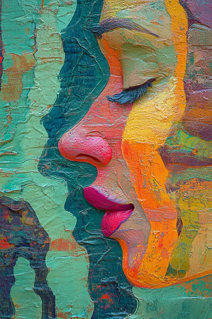 Midjourney generated image using SREF code Psychedelic Sanctum: A painting of a woman's face on a wall.