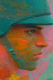 Midjourney generated image using SREF code Psychedelic Sanctum: A painting of a soldier wearing a helmet.