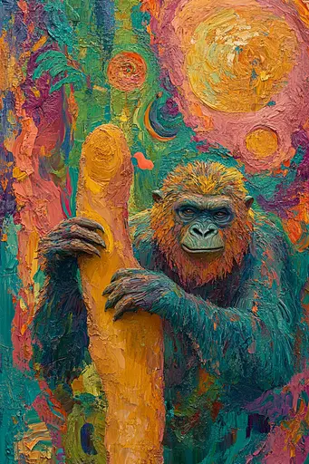 Midjourney generated image using SREF code Psychedelic Sanctum: A painting of a gorilla holding a banana in its hand.