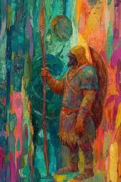 Midjourney generated image using SREF code Psychedelic Sanctum: A painting of a man holding a spear in a forest.