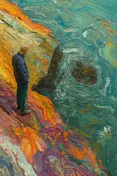 Midjourney generated image using SREF code Psychedelic Sanctum: A man standing on top of a cliff next to the ocean.