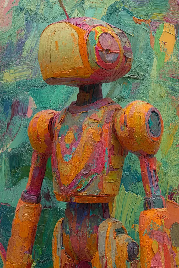 Midjourney generated image using SREF code Psychedelic Sanctum: A painting of an orange robot standing in front of a green background.