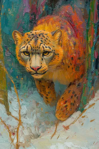 Midjourney generated image using SREF code Psychedelic Sanctum: A painting of a leopard in the snow. 