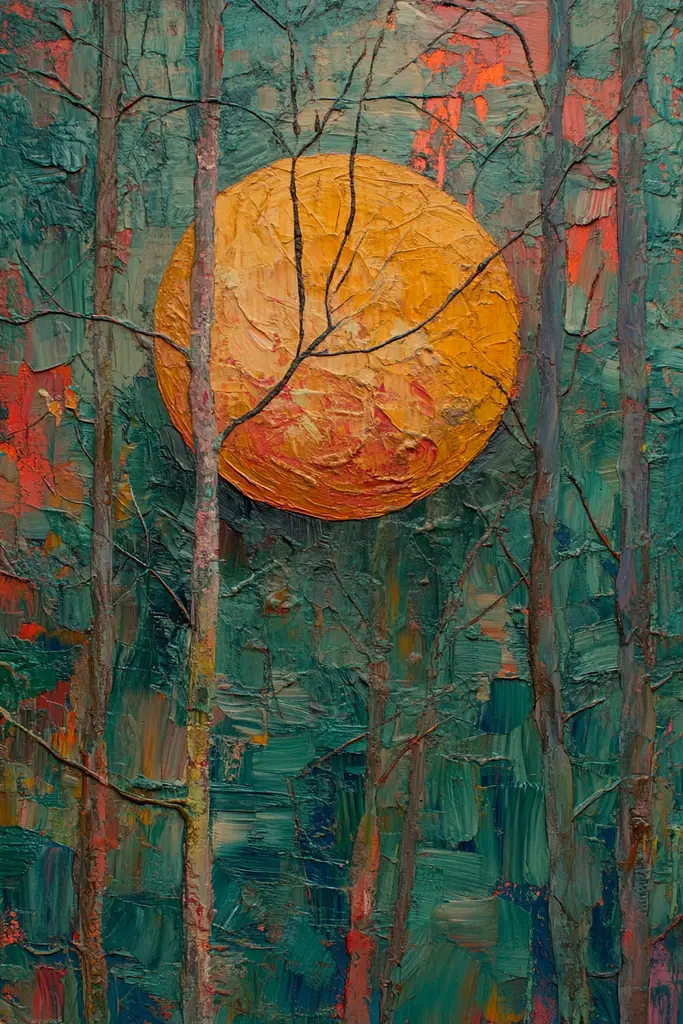 Midjourney generated image using SREF code Psychedelic Sanctum: A painting of a full moon in the woods.