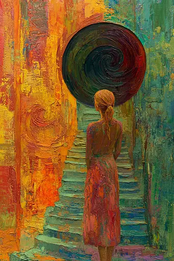 Midjourney generated image using SREF code Psychedelic Sanctum: A painting of a woman walking down a set of stairs.