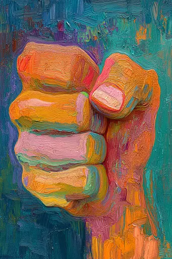 Midjourney generated image using SREF code Psychedelic Sanctum: A painting of a fist on a blue background.