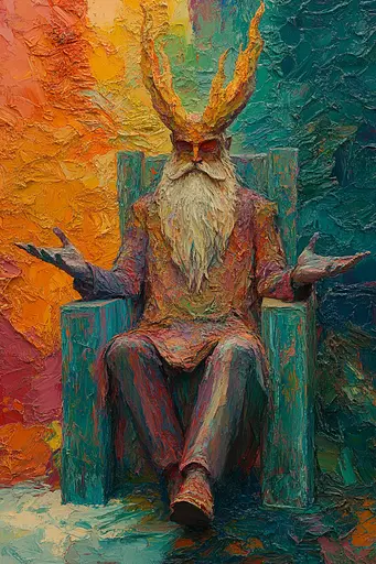 Midjourney generated image using SREF code Psychedelic Sanctum: A painting of a man sitting in a chair with horns on his head.