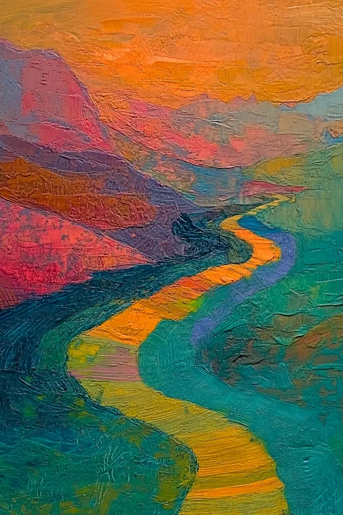 Midjourney generated image using SREF code Psychedelic Sanctum: A painting of a river running through a valley.