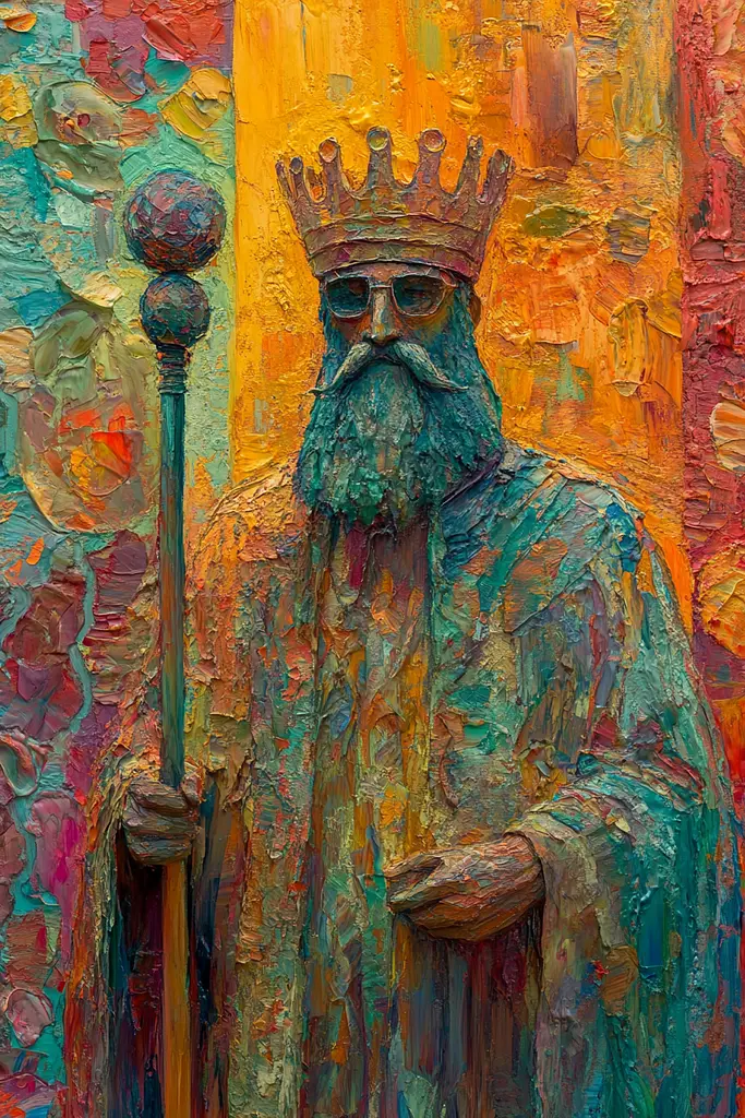 Midjourney generated image using SREF code Psychedelic Sanctum: A painting of a man with a crown and a staff.