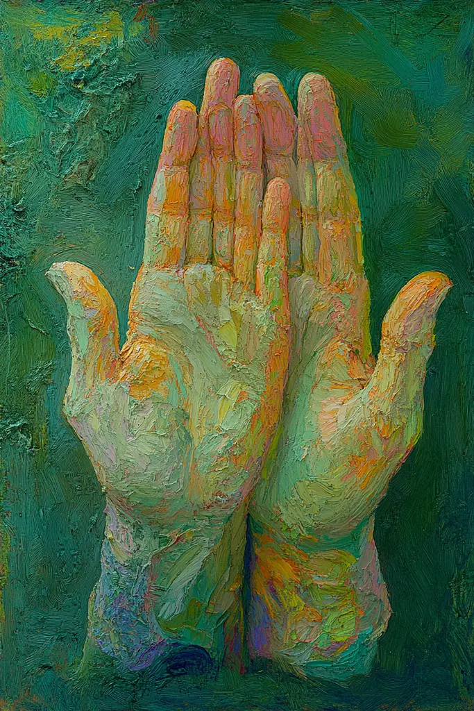 Midjourney generated image using SREF code Psychedelic Sanctum: A painting of two hands clapping together on a green background.