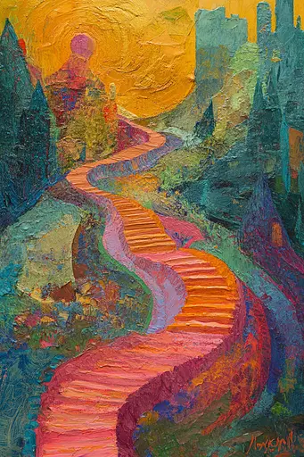 Midjourney generated image using SREF code Psychedelic Sanctum: A painting of a path leading to a castle in the distance.