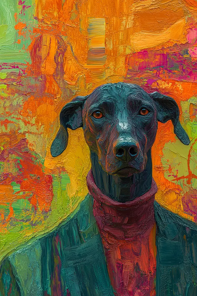 Midjourney generated image using SREF code Psychedelic Sanctum: A painting of a black dog wearing a scarf.