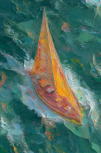 Midjourney generated image using SREF code Psychedelic Sanctum: A painting of a sailboat in the ocean.