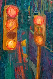 Midjourney generated image using SREF code Psychedelic Sanctum: A painting of a traffic light on a city street.