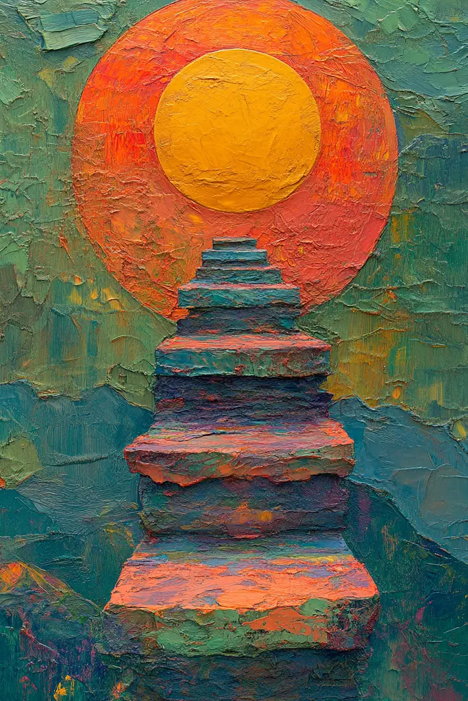 Midjourney generated image using SREF code Psychedelic Sanctum: A painting of a stairway leading up to a bright orange sun.