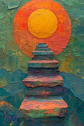 Midjourney generated image using SREF code Psychedelic Sanctum: A painting of a stairway leading up to a bright orange sun.