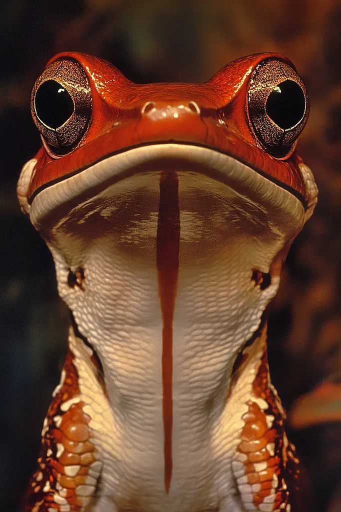 Midjourney generated image using SREF code Bronze Mirage: A close up of a frog's face with big eyes.