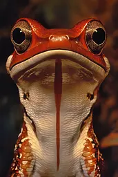 Midjourney generated image using SREF code Bronze Mirage: A close up of a frog's face with big eyes.