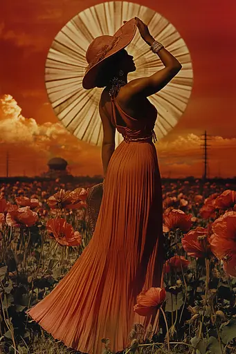 Midjourney generated image using SREF code Bronze Mirage: A woman in a long dress and hat standing in a field of flowers.