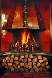 Midjourney generated image using SREF code Bronze Mirage: A fireplace with a pile of firewood in front of it.