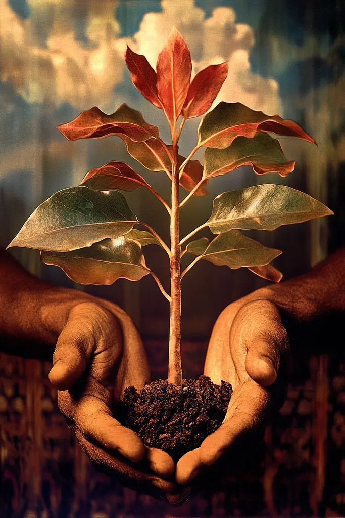 Midjourney generated image using SREF code Bronze Mirage: A person holding a small plant in their hands.