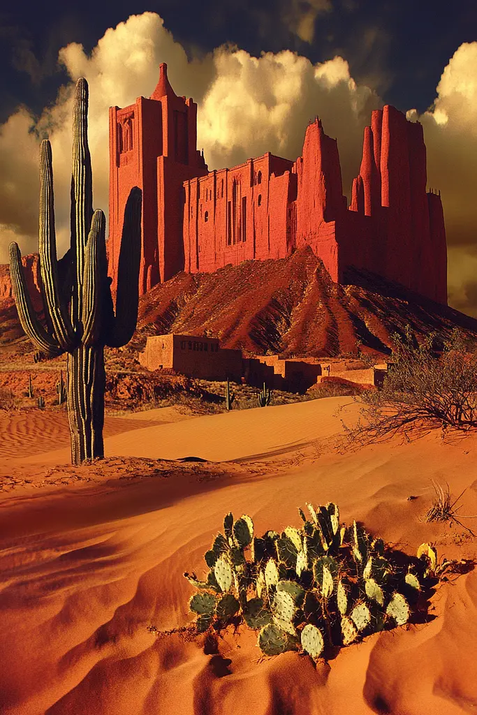 Midjourney generated image using SREF code Bronze Mirage: A cactus in the desert with a castle in the background.