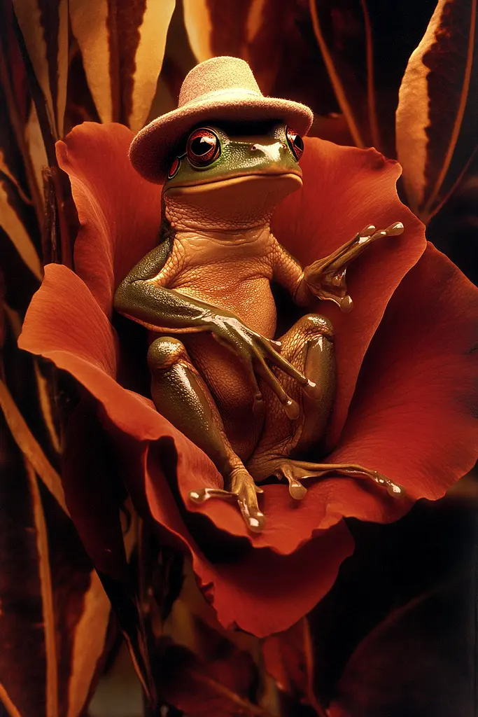 Midjourney generated image using SREF code Bronze Mirage: A frog wearing a hat sitting on top of a flower.