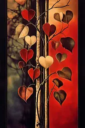 Midjourney generated image using SREF code Bronze Mirage: A painting of a tree with many hearts on it.