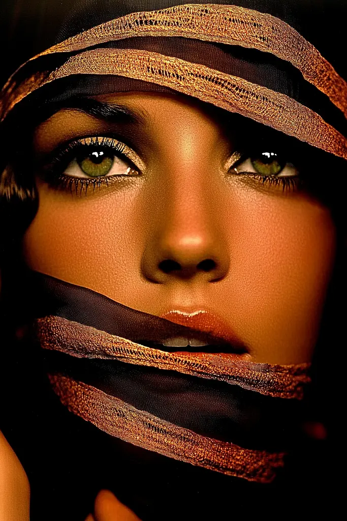 Midjourney generated image using SREF code Bronze Mirage: A woman with a scarf covering her face. 